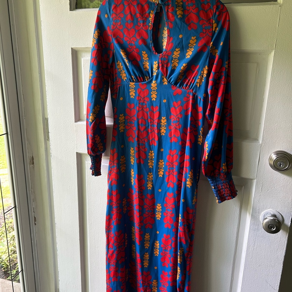 Never Fully Dressed Red and Blue Plunge Gown with Bishop Sleeves